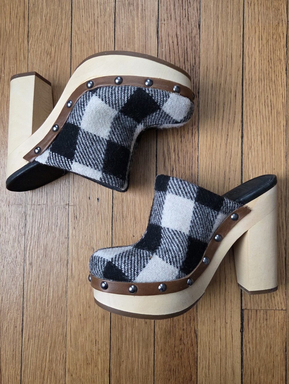 Woolrich "Journalist" Black & White Buffalo Check Flannel Platform Clog Heels